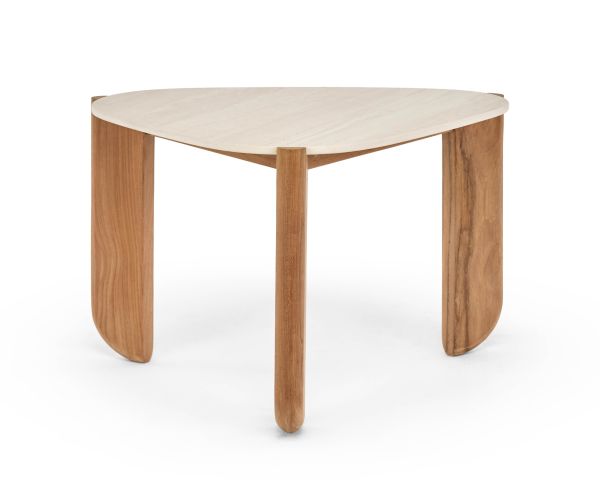 Table basse forme organique en teck massif et plateau céramique effet travertin "Osten"