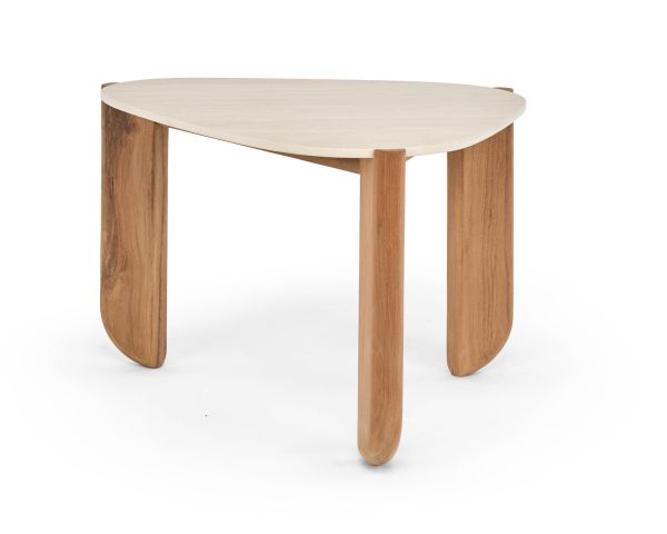 Table basse forme organique en teck massif et plateau céramique effet travertin "Osten"