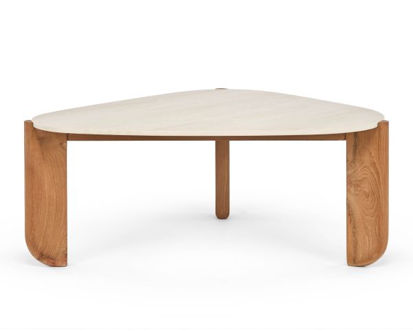 Grande table basse design organique intérieur / extérieur en teck massif et plateau céramique effet travertin "Osten"