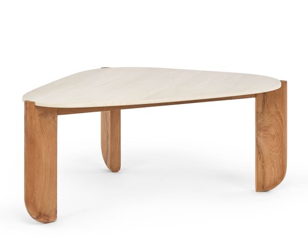 Grande table basse design organique intérieur / extérieur en teck massif et plateau céramique effet travertin "Osten"