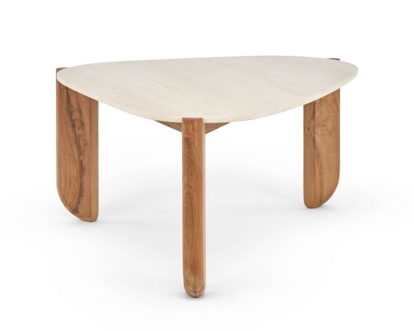 Grande table basse design organique intérieur / extérieur en teck massif et plateau céramique effet travertin "Osten"