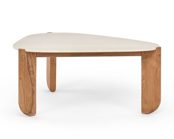 Grande table basse design organique intérieur / extérieur en teck massif et plateau céramique effet travertin "Osten"