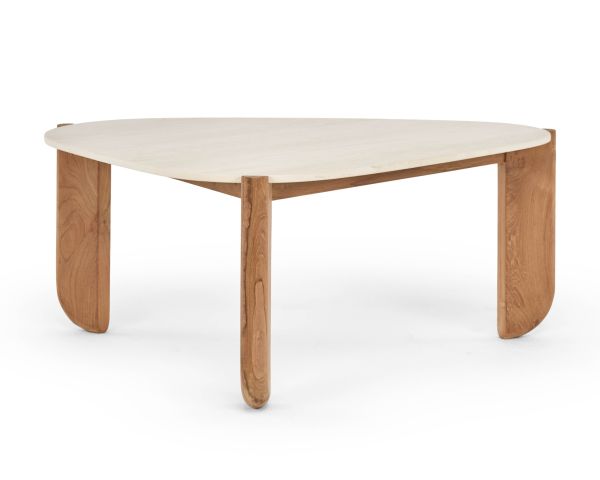 Grande table basse design organique intérieur / extérieur en teck massif et plateau céramique effet travertin "Osten"