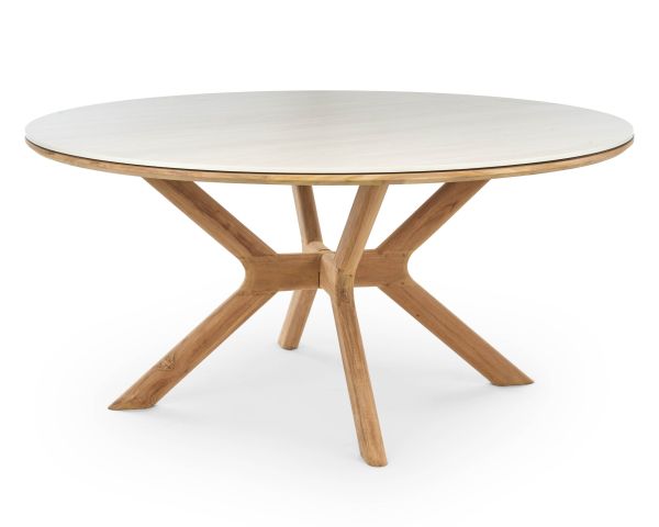 Table ronde intérieur ou extérieur 130 cm "Elsen" en teck massif plateau céramique effet travertin
