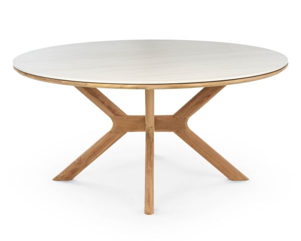 Table ronde intérieur ou extérieur 130 cm "Elsen" en teck massif plateau céramique effet travertin