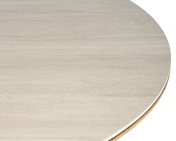 Table ronde intérieur ou extérieur 130 cm "Elsen" en teck massif plateau céramique effet travertin