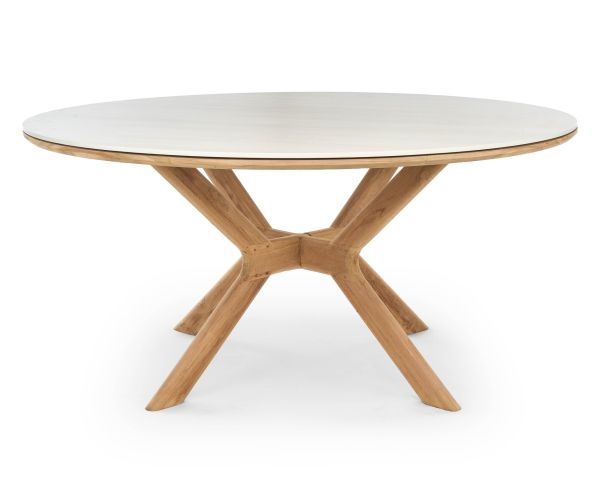 Table ronde intérieur ou extérieur 130 cm "Elsen" en teck massif plateau céramique effet travertin