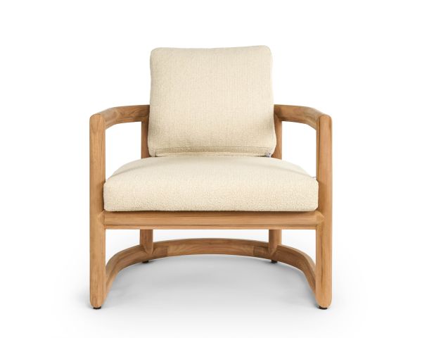 Fauteuil de jardin enveloppant "Alizé" en teck massif et coussins bouclette écru