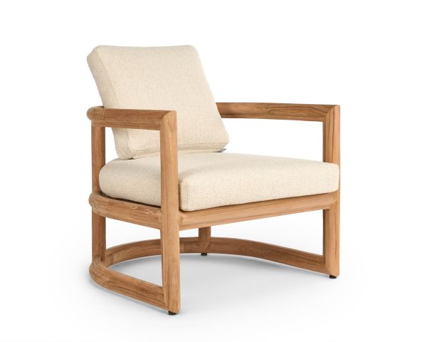 Fauteuil de jardin enveloppant "Alizé" en teck massif et coussins bouclette écru