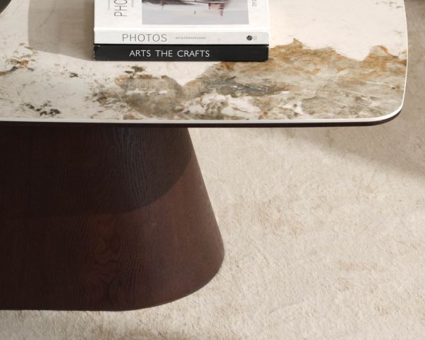 Table basse plateau céramique effet pierre naturelle "Oria" pied central aspect wengé