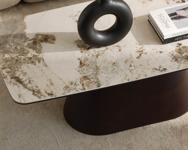 Table basse plateau céramique effet pierre naturelle "Oria" pied central aspect wengé