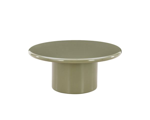 Table basse ronde 80 cm design minimaliste vert sauge laqué "Nalya" à pied central