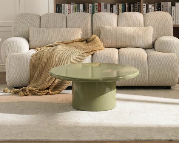 Table basse ronde 80 cm design minimaliste vert sauge laqué "Nalya" à pied central