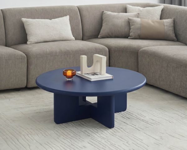 Table basse ronde 80 cm design minimaliste bleu encre "Nalya" à piètement sculptural