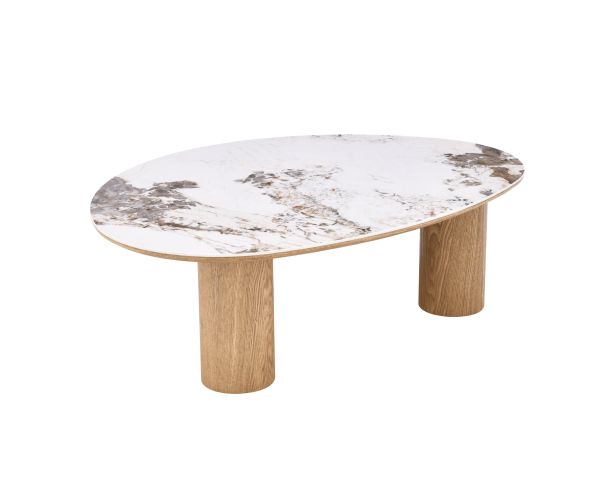 Table basse plateau céramique effet pierre naturelle "Oria" forme organique et pieds aspect chêne