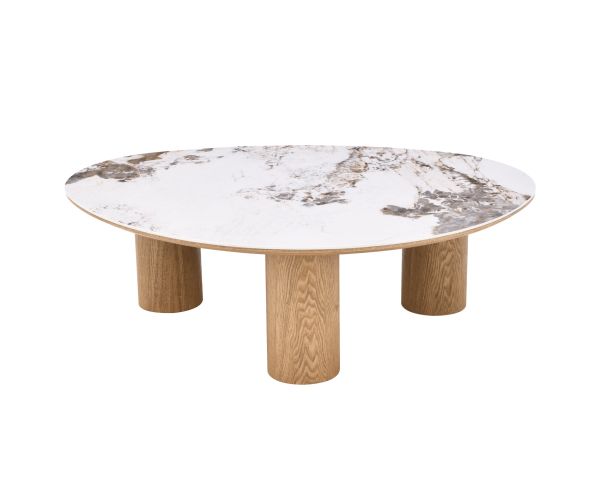 Table basse plateau céramique effet pierre naturelle "Oria" forme organique et pieds aspect chêne