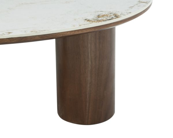Table basse design forme organique "Oria" plateau céramique et pieds cylindres teinte noyer