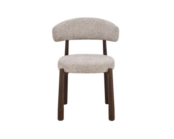 Lot de 2 chaises enveloppantes esprit rétro-contemporain “Arlo” en tissu tramé beige et marron, pieds aspect noyer