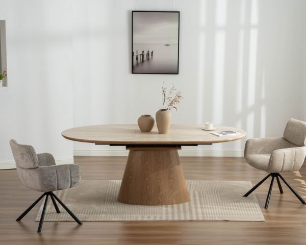 Table de repas extensible 160-200 cm plateau céramique effet travertin "Oria" piètement aspect chêne clair