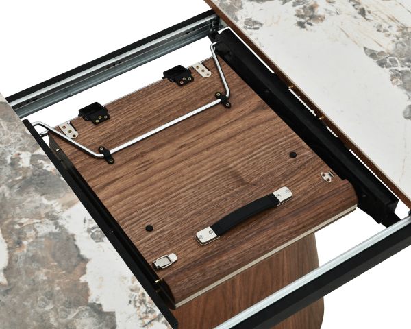 Table de repas extensible 160-200 cm plateau céramique effet pierre naturelle "Oria" piètement aspect noyer