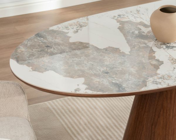 Table de repas extensible 160-200 cm plateau céramique effet pierre naturelle "Oria" piètement aspect noyer