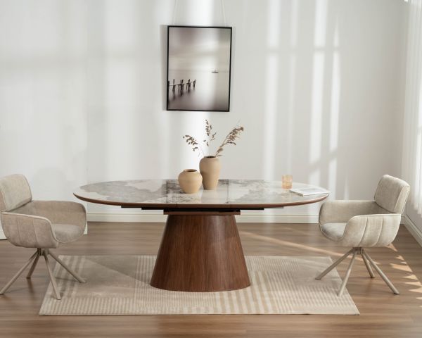 Table de repas extensible 160-200 cm plateau céramique effet pierre naturelle "Oria" piètement aspect noyer