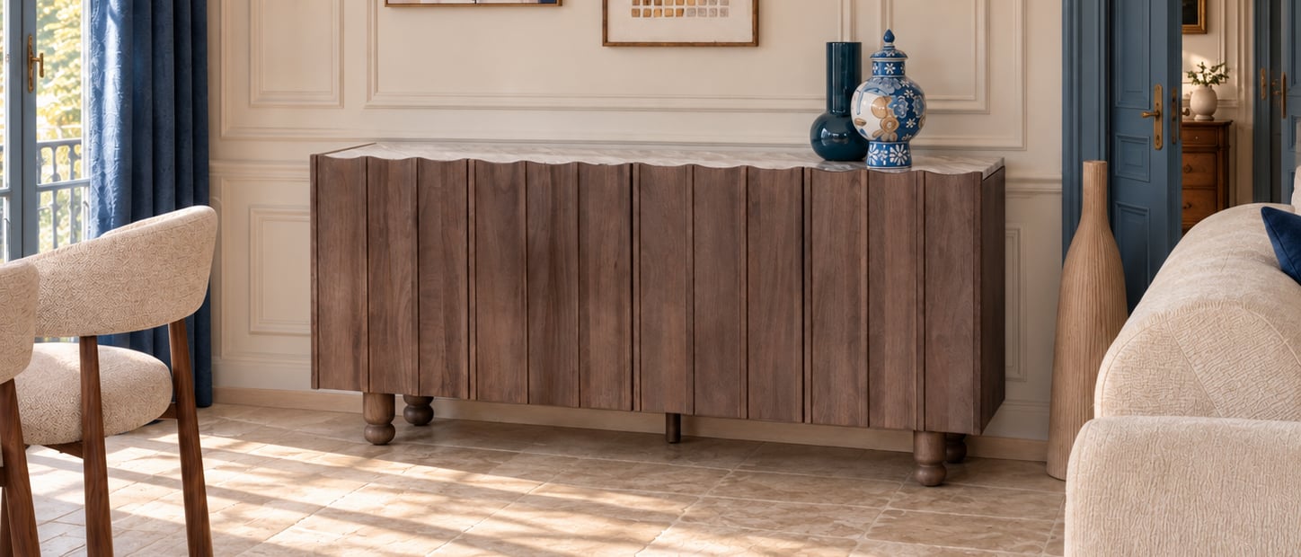 Buffet en bois à façade cannelée dans un salon lumineux